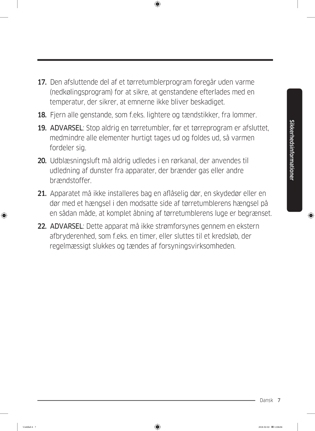 Samsung WD10N84INOA/EE manual Dansk 7  